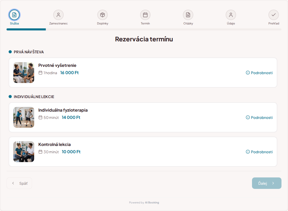 Systém rezervácie termínov pre fyzioterapeutov – Prvotné vyšetrenie, Individuálna fyzioterapia, Kontrolné sedenie s cenami, dĺžkou a kategóriami