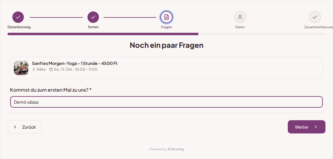 Terminbuchungssystem für Yoga- und Pilateskurse – Vorab-Buchungsfrage für Yogakurs: Kommst du zum ersten Mal zu uns?