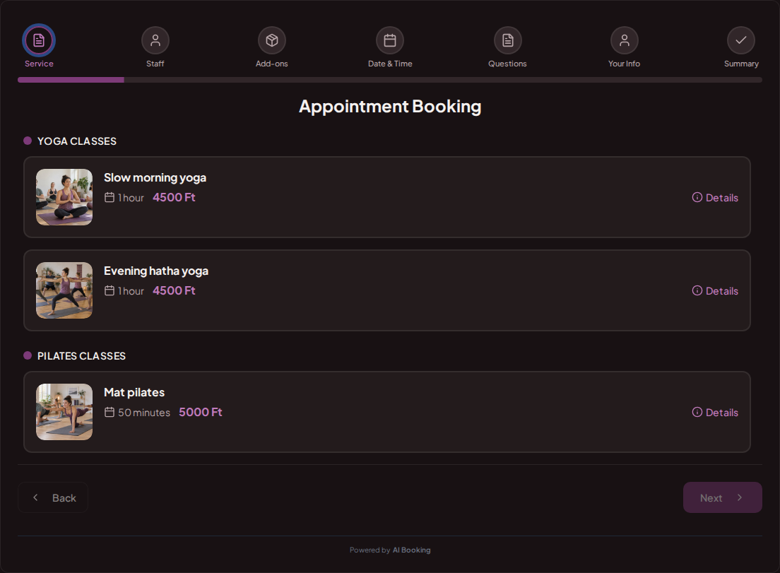 Booking system for yoga and pilates classes – Slow morning yoga, Evening hatha yoga, Mat pilates with prices, duration, and categories Booking system for yoga and pilates classes – Slow morning yoga, Evening hatha yoga, Mat pilates with prices, duration, and categories
