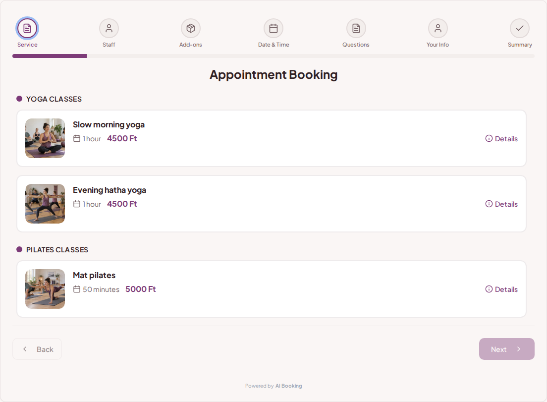 Booking system for yoga and pilates classes – Slow morning yoga, Evening hatha yoga, Mat pilates with prices, duration, and categories Booking system for yoga and pilates classes – Slow morning yoga, Evening hatha yoga, Mat pilates with prices, duration, and categories
