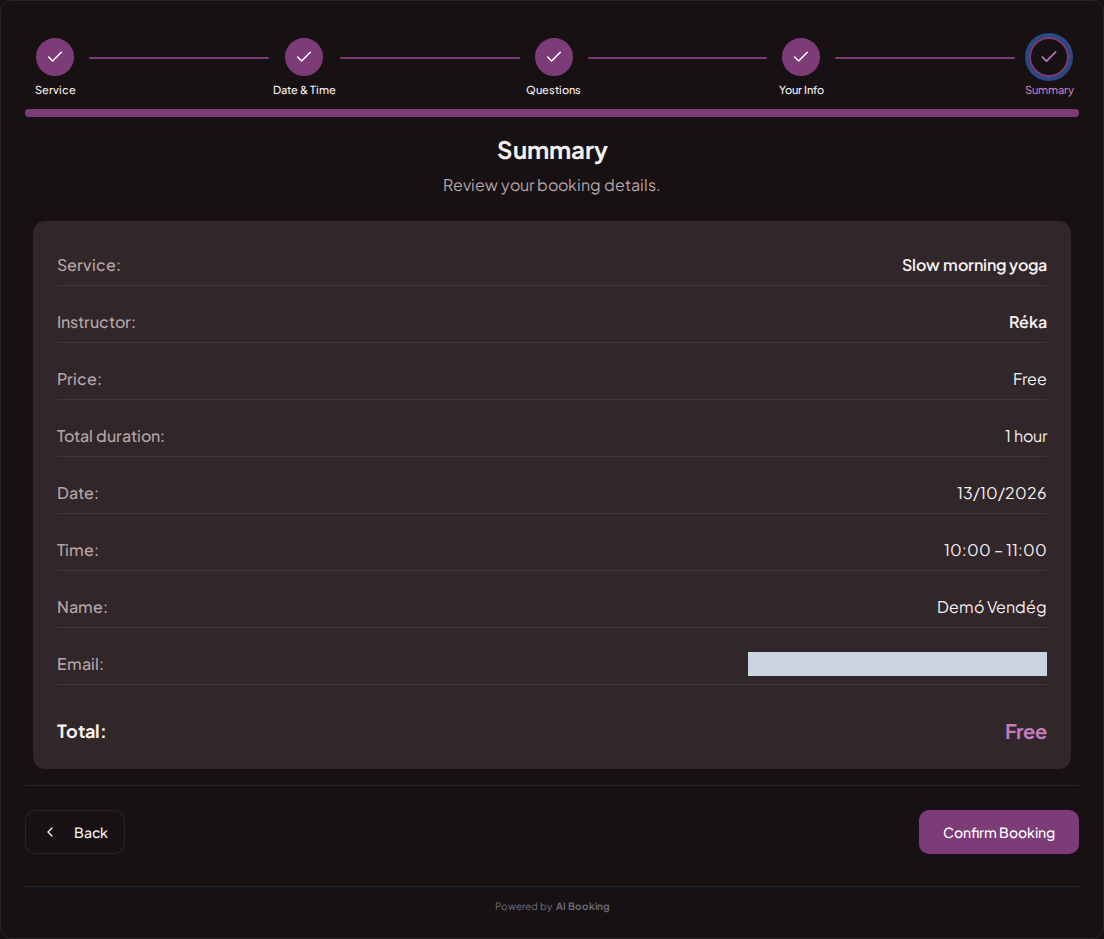Booking system for yoga and pilates classes – Yoga class booking summary with time, instructor, and fee Booking system for yoga and pilates classes – Yoga class booking summary with time, instructor, and fee