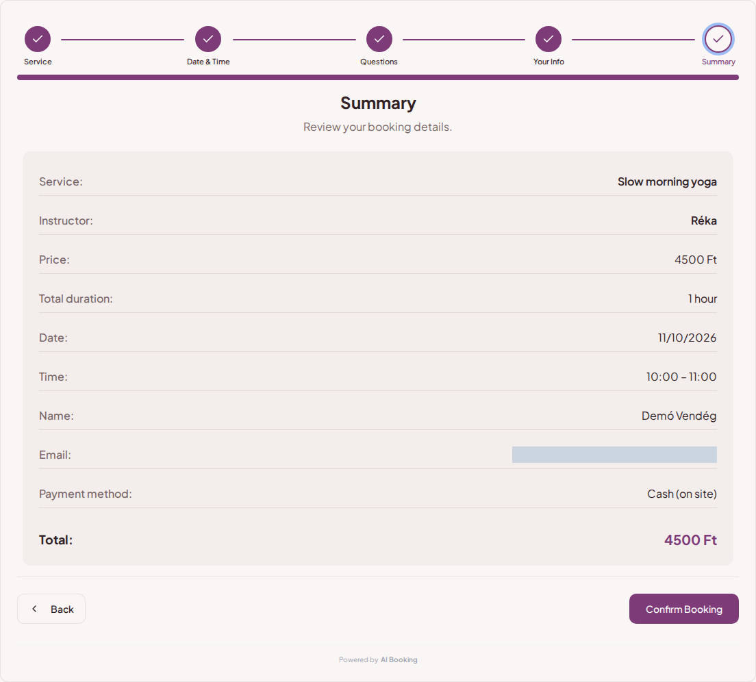 Booking system for yoga and pilates classes – Yoga class booking summary with time, instructor, and fee Booking system for yoga and pilates classes – Yoga class booking summary with time, instructor, and fee