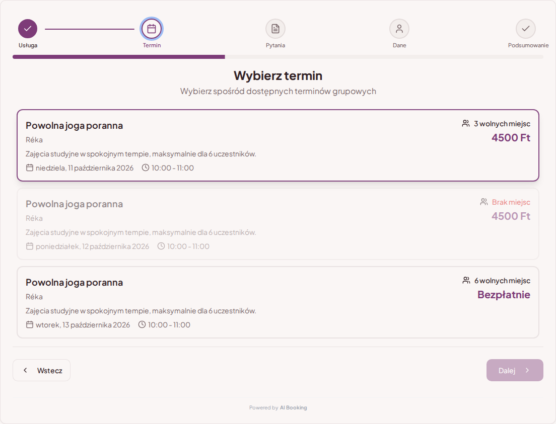 System rezerwacji zajęć jogi i pilatesu – Terminy zajęć jogi i pilatesu oraz wolne miejsca