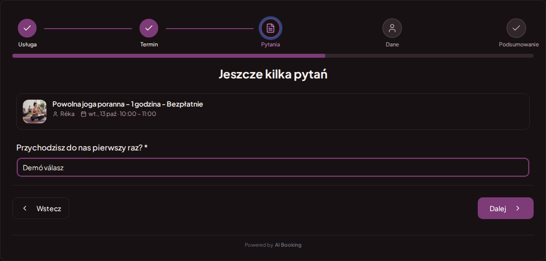 System rezerwacji zajęć jogi i pilatesu – Pytanie wstępne przy rezerwacji jogi: Przychodzisz do nas pierwszy raz?