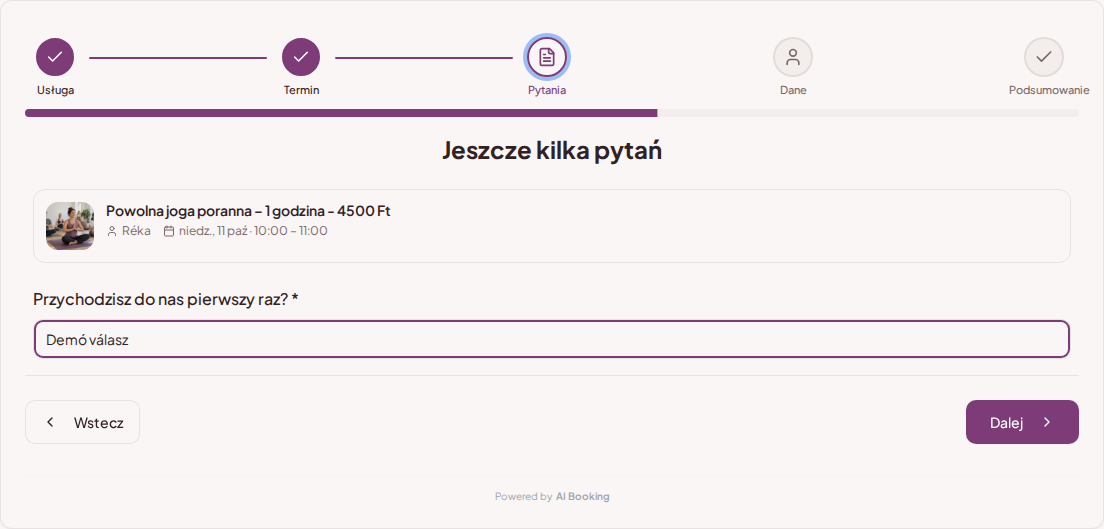 System rezerwacji zajęć jogi i pilatesu – Pytanie wstępne przy rezerwacji jogi: Przychodzisz do nas pierwszy raz?