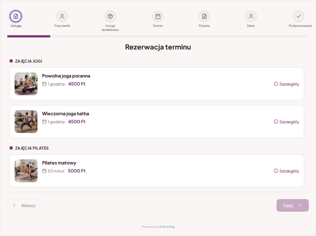 System rezerwacji zajęć jogi i pilatesu – Powolna joga poranna, Wieczorna joga hatha, Pilates matowy z cenami, czasem trwania i kategoriami