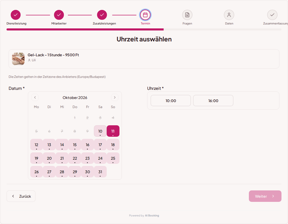Online-Terminbuchung für Nagelstudios – Kalender und freie Termine für die gewählte Nagelbehandlung