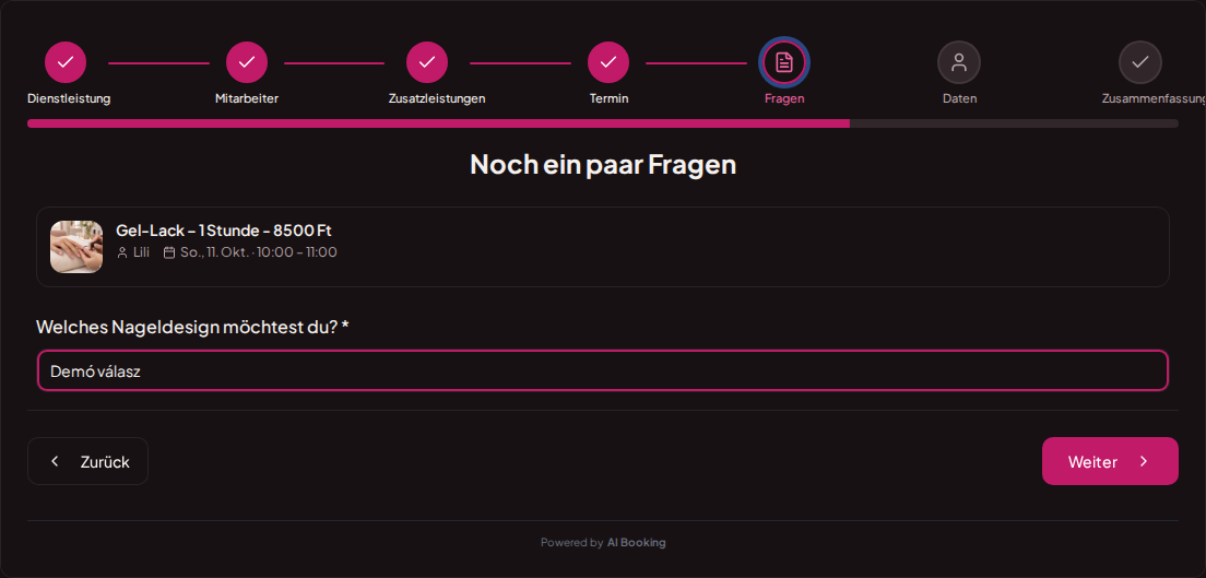 Online-Terminbuchung für Nagelstudios – Wünsche zum Nageldesign im Fragefeld der Terminbuchung