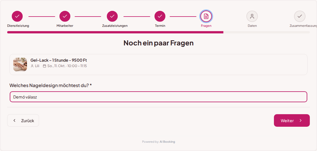 Online-Terminbuchung für Nagelstudios – Wünsche zum Nageldesign im Fragefeld der Terminbuchung