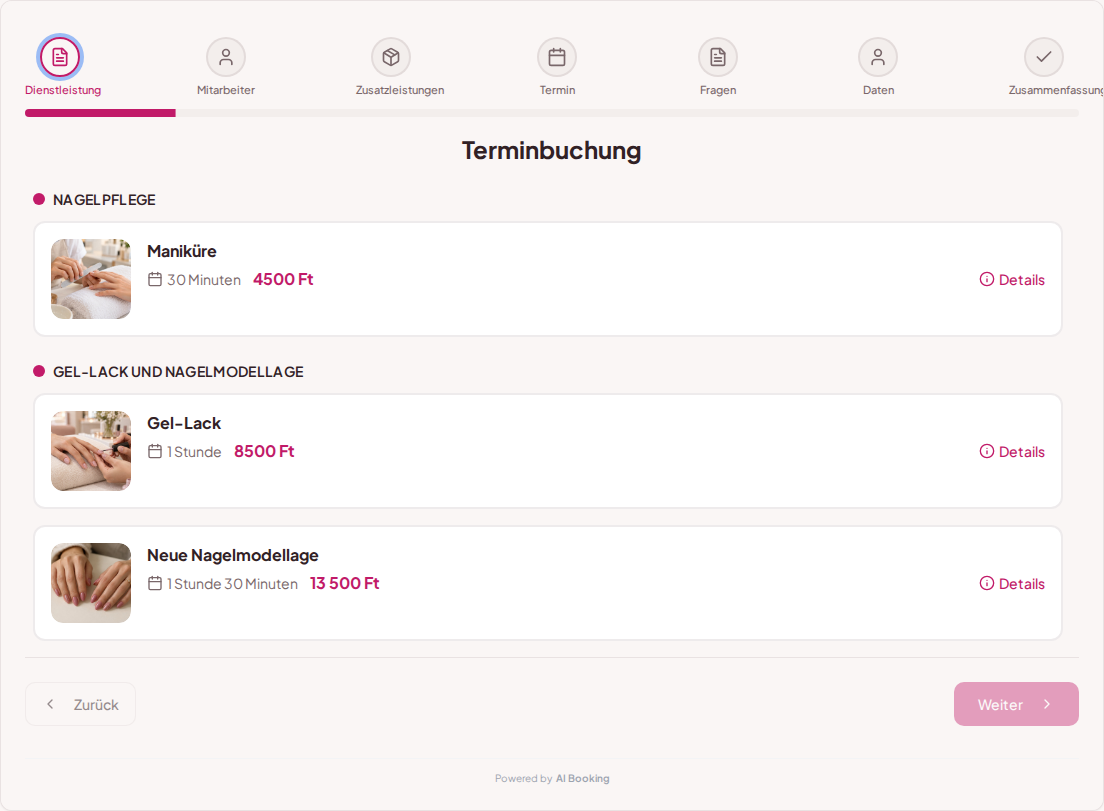 Online-Terminbuchung für Nagelstudios – Gel-Lack, Maniküre und Nagelmodellage mit Bildern, Preisen und Behandlungsdauer