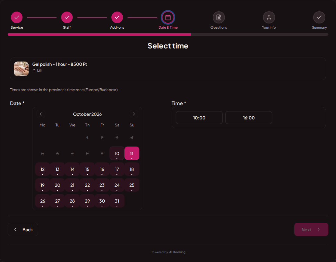 Online booking for nail salons – Calendar and available times for the selected nail treatment Online booking for nail salons – Calendar and available times for the selected nail treatment