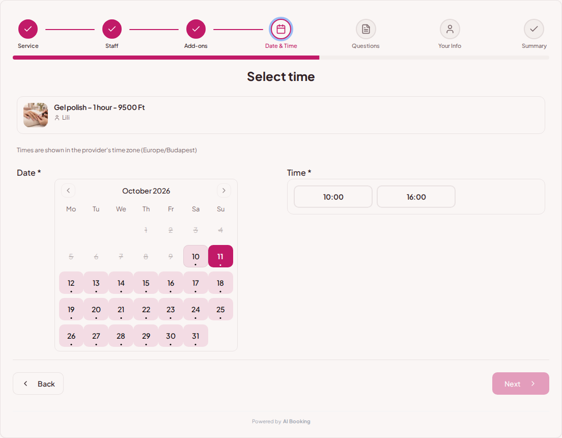Online booking for nail salons – Calendar and available times for the selected nail treatment Online booking for nail salons – Calendar and available times for the selected nail treatment