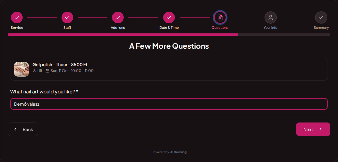 Online booking for nail salons – Nail art preferences entered in the booking question field Online booking for nail salons – Nail art preferences entered in the booking question field