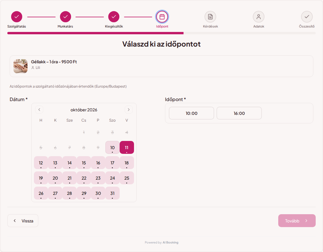 Online időpontfoglaló körmösöknek – Naptár és szabad időpontok a kiválasztott körömkezeléshez