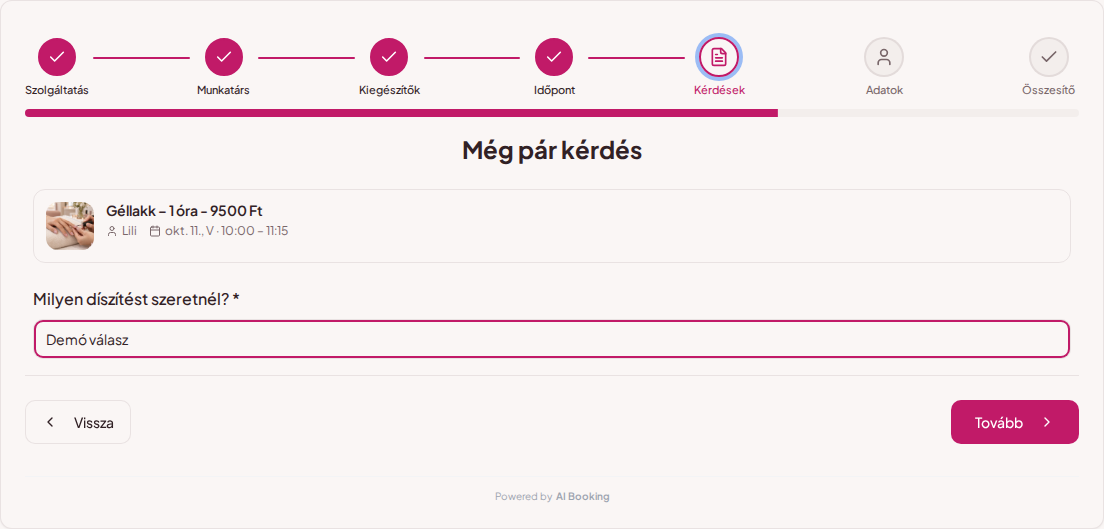 Online időpontfoglaló körmösöknek – Körömdíszítési igény megadása a foglaló kérdésmezőjében
