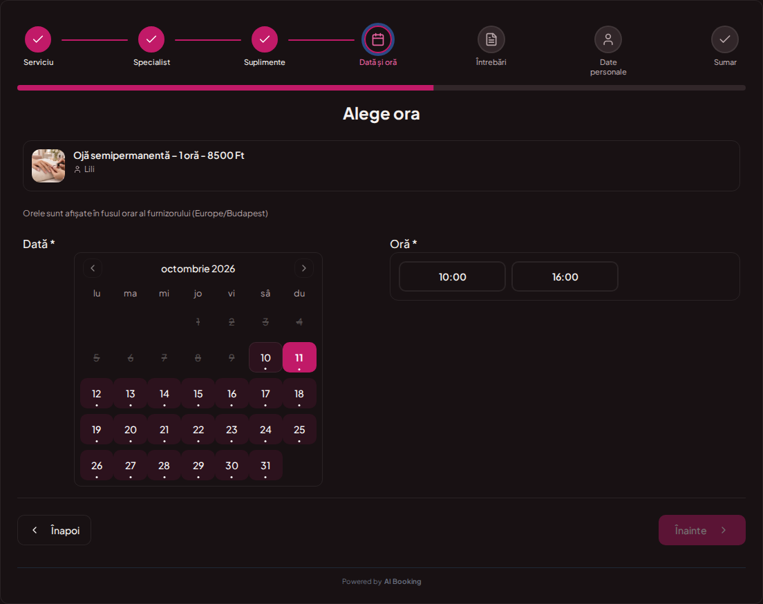 Programări online pentru saloane de unghii – Calendar și ore disponibile pentru tratamentul de unghii ales