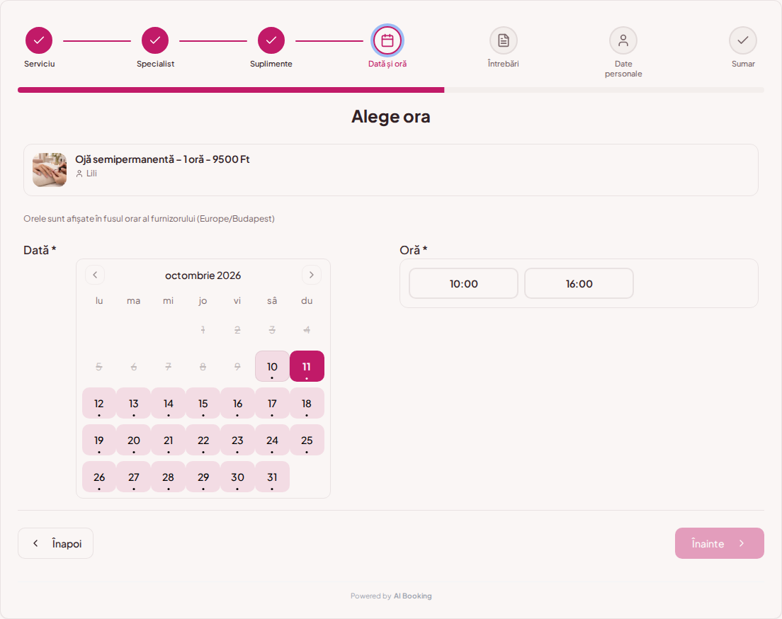 Programări online pentru saloane de unghii – Calendar și ore disponibile pentru tratamentul de unghii ales