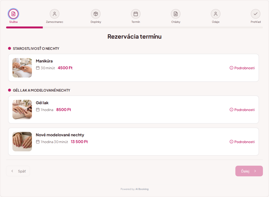 Online rezervácie pre nechtové salóny – Gél lak, manikúra a modelované nechty s fotografiami, cenami a trvaním