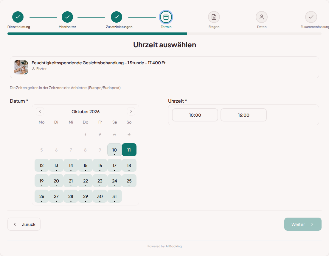 Terminbuchungssystem für Kosmetiker – Buchungskalender für kosmetische Behandlungen mit freien Terminen für den gewählten Service