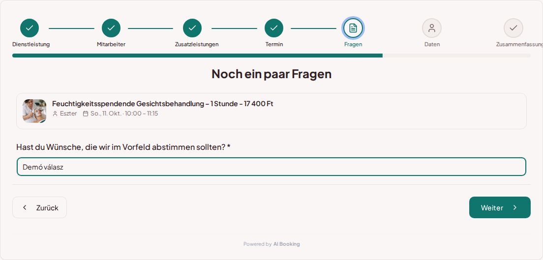 Terminbuchungssystem für Kosmetiker – Vorabfrage zur kosmetischen Behandlung: Hast du Wünsche, die wir im Vorfeld abstimmen sollten?