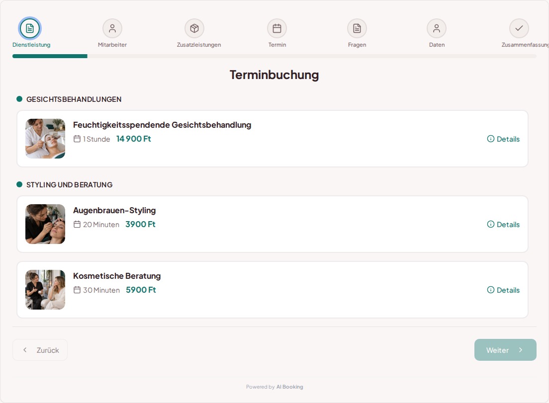Terminbuchungssystem für Kosmetiker – Feuchtigkeitsspendende Gesichtsbehandlung, Augenbrauen-Styling, Kosmetische Beratung mit Preisen, Dauer und Kategorien