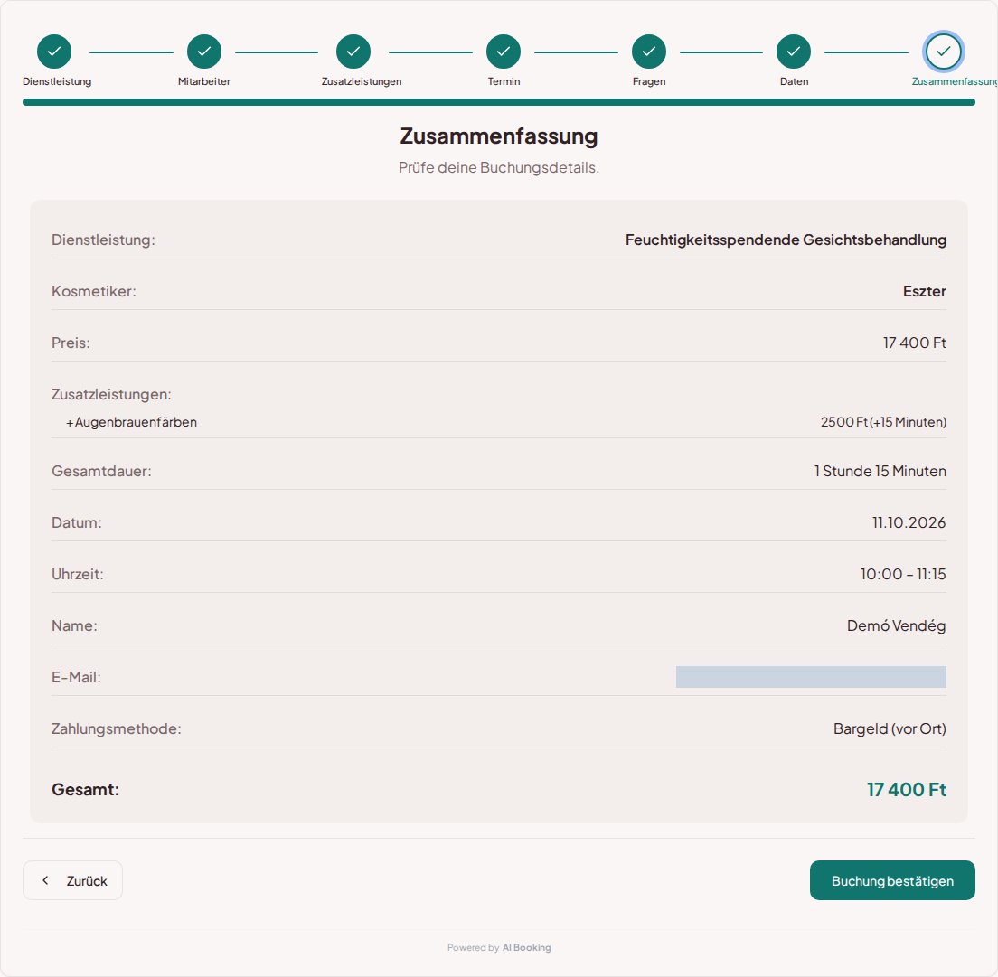 Terminbuchungssystem für Kosmetiker – Zusammenfassung der Kosmetik-Buchung mit Service, Fachkraft, Termin und Preis