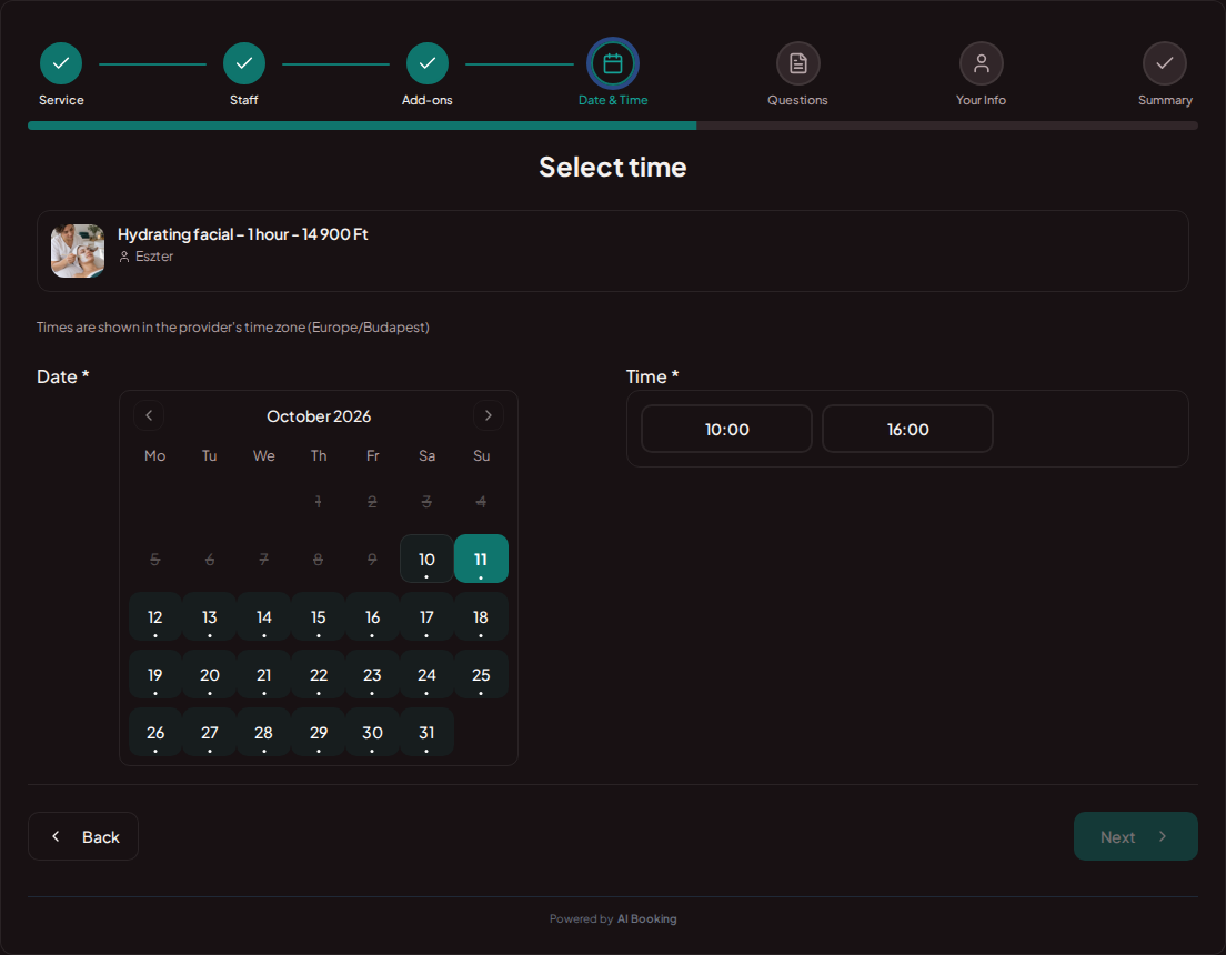 Appointment booking system for beauticians – Beauty treatment booking calendar with available slots for the chosen service