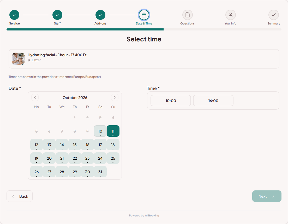 Appointment booking system for beauticians – Beauty treatment booking calendar with available slots for the chosen service