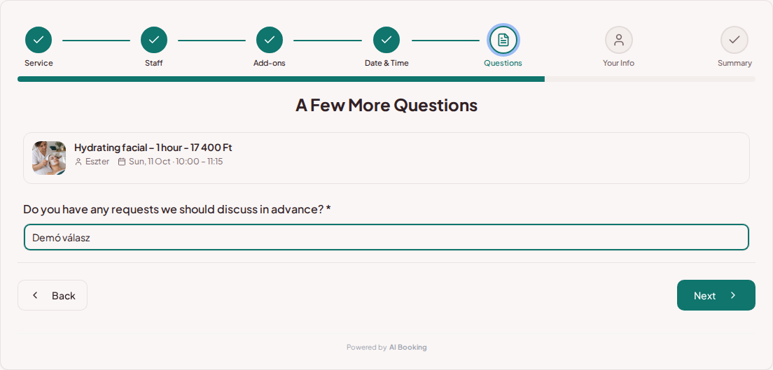 Appointment booking system for beauticians – Beauty treatment pre-booking question: Do you have any requests we should discuss in advance?