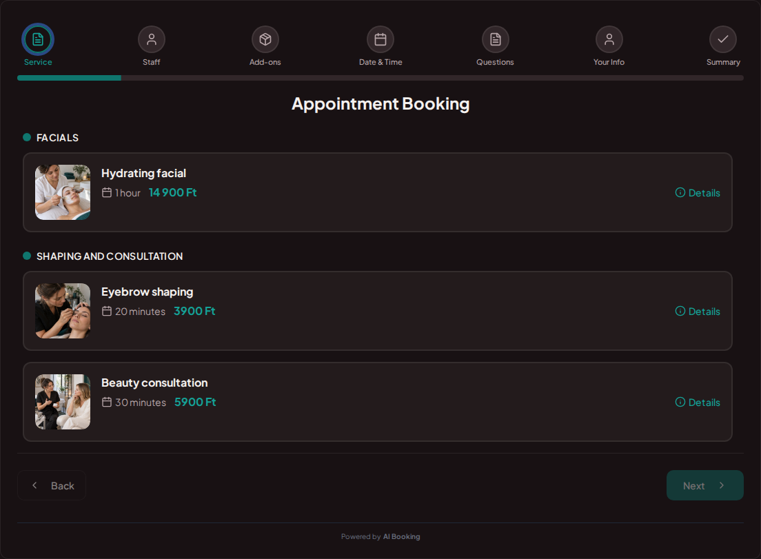 Appointment booking system for beauticians – Hydrating facial, Eyebrow shaping, Beauty consultation with prices, duration, and categories