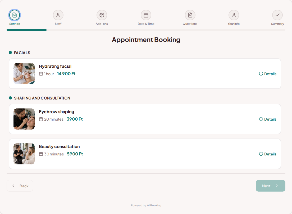Appointment booking system for beauticians – Hydrating facial, Eyebrow shaping, Beauty consultation with prices, duration, and categories