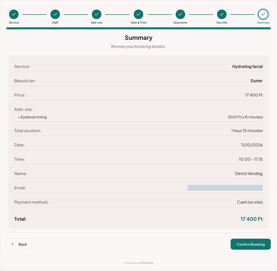 Appointment booking system for beauticians – Beauty booking summary with service, professional, date, and fee