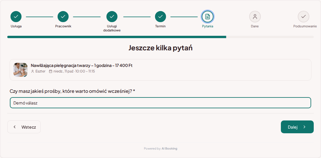 System rezerwacji dla kosmetyczek – Pytanie wstępne przy rezerwacji zabiegu kosmetycznego: Czy masz jakieś prośby, które warto omówić wcześniej?