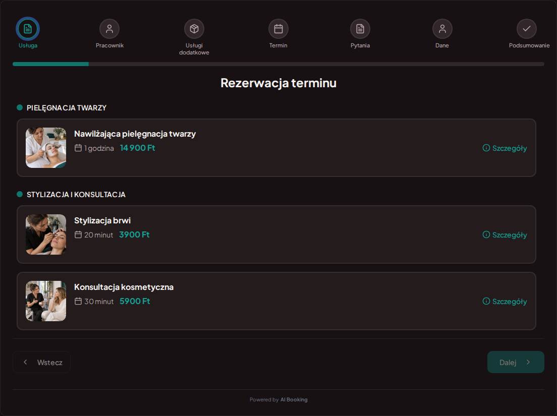 System rezerwacji dla kosmetyczek – Nawilżająca pielęgnacja twarzy, Stylizacja brwi, Konsultacja kosmetyczna z cenami, czasem trwania i kategoriami
