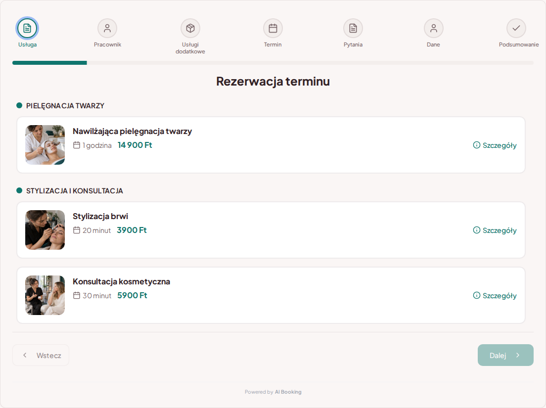 System rezerwacji dla kosmetyczek – Nawilżająca pielęgnacja twarzy, Stylizacja brwi, Konsultacja kosmetyczna z cenami, czasem trwania i kategoriami