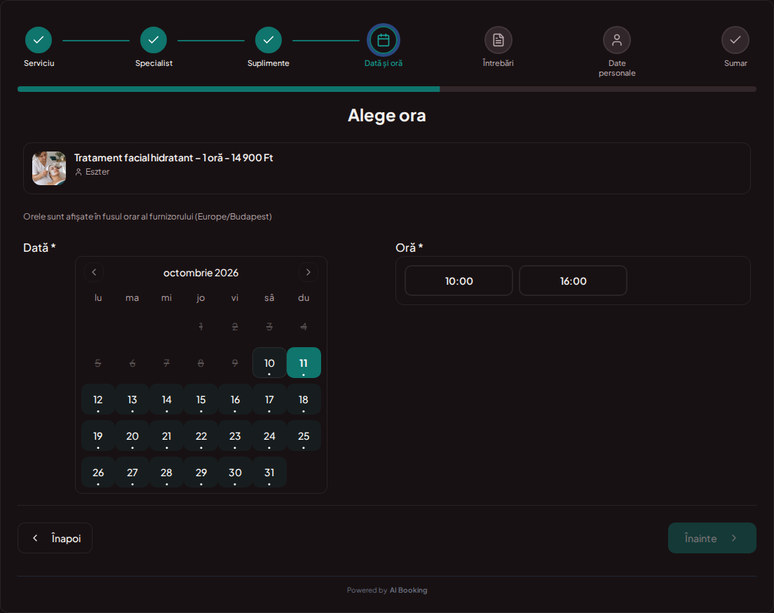 Sistem de programări pentru cosmeticiene – Calendar de programări pentru tratamente cosmetice cu intervale libere pentru serviciul ales