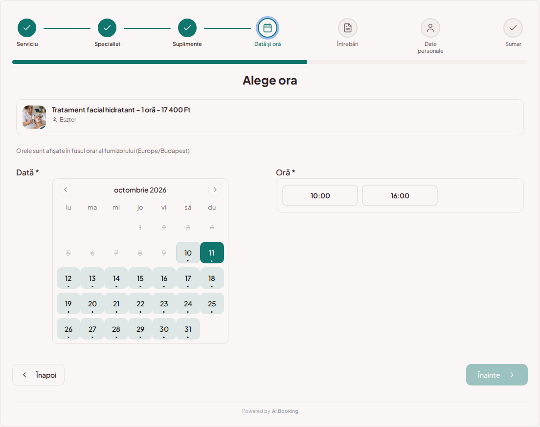 Sistem de programări pentru cosmeticiene – Calendar de programări pentru tratamente cosmetice cu intervale libere pentru serviciul ales