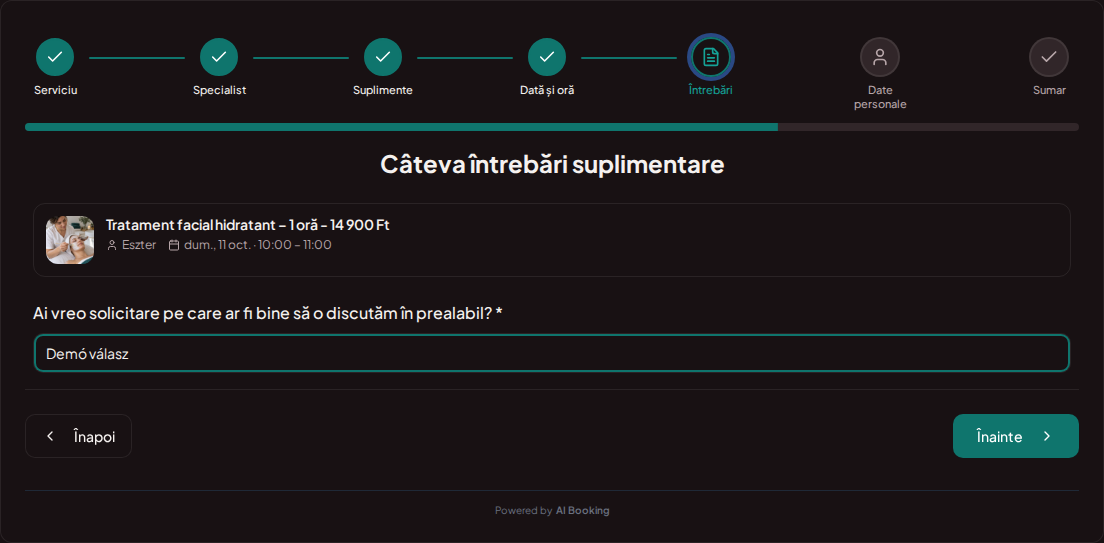 Sistem de programări pentru cosmeticiene – Întrebare de rezervare prealabilă pentru tratament cosmetic: Ai vreo solicitare pe care ar fi bine să o discutăm în prealabil?