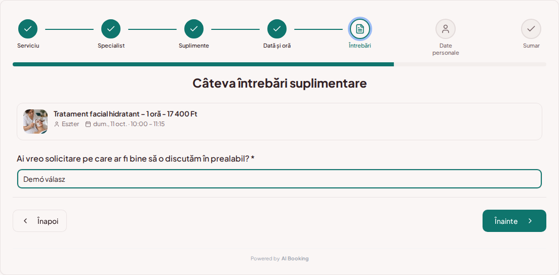 Sistem de programări pentru cosmeticiene – Întrebare de rezervare prealabilă pentru tratament cosmetic: Ai vreo solicitare pe care ar fi bine să o discutăm în prealabil?