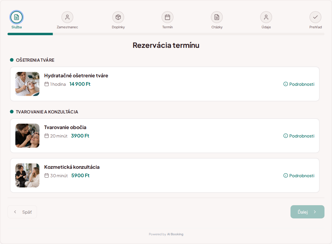 Systém na rezerváciu termínov pre kozmetičky – Hydratačné ošetrenie tváre, Tvarovanie obočia, Kozmetická konzultácia s cenami, dĺžkou a kategóriami