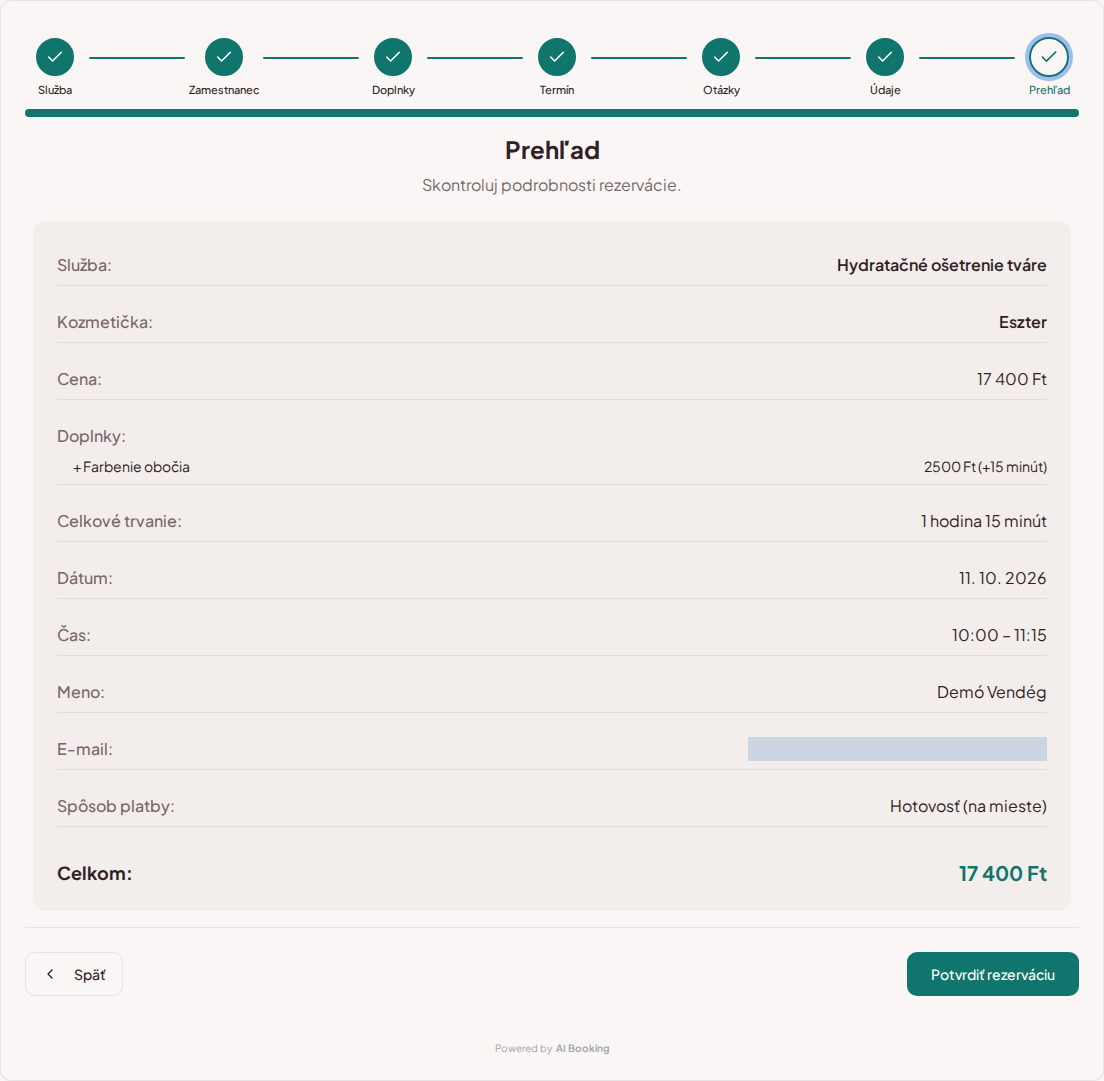 Systém na rezerváciu termínov pre kozmetičky – Zhrnutie kozmetickej rezervácie so službou, odborníkom, termínom a cenou
