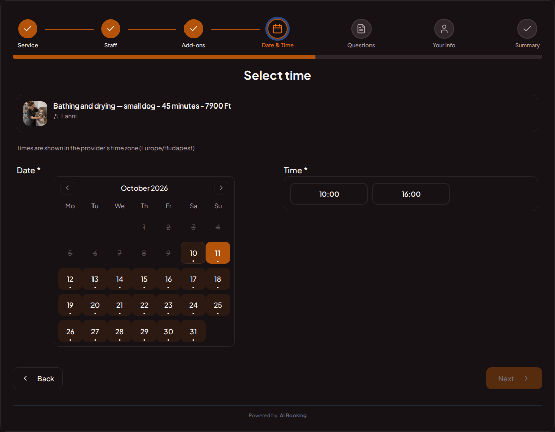 Appointment booking system for dog groomers – Dog grooming booking calendar with available slots for the selected service