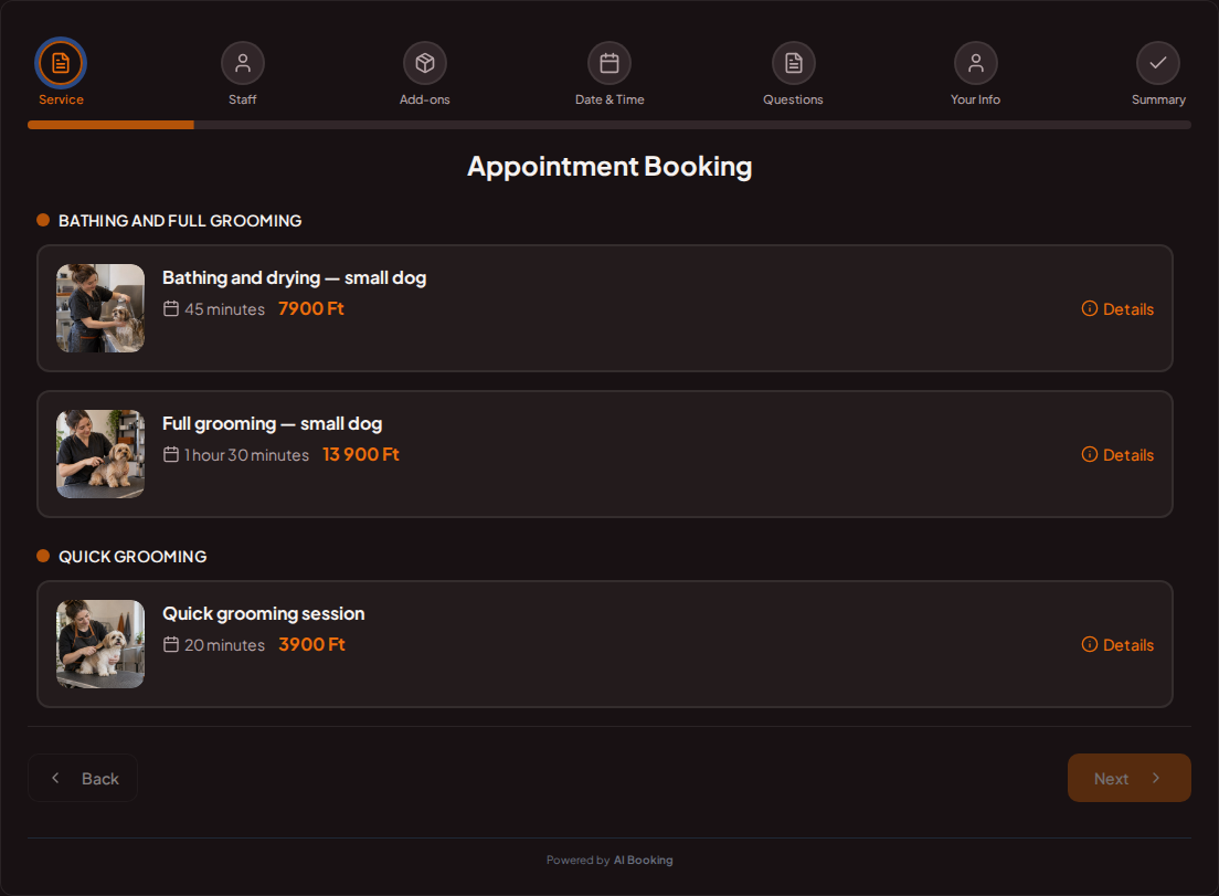 Appointment booking system for dog groomers – Bathing and drying — small dog, Full grooming — small dog, Quick grooming session with prices, durations, and categories