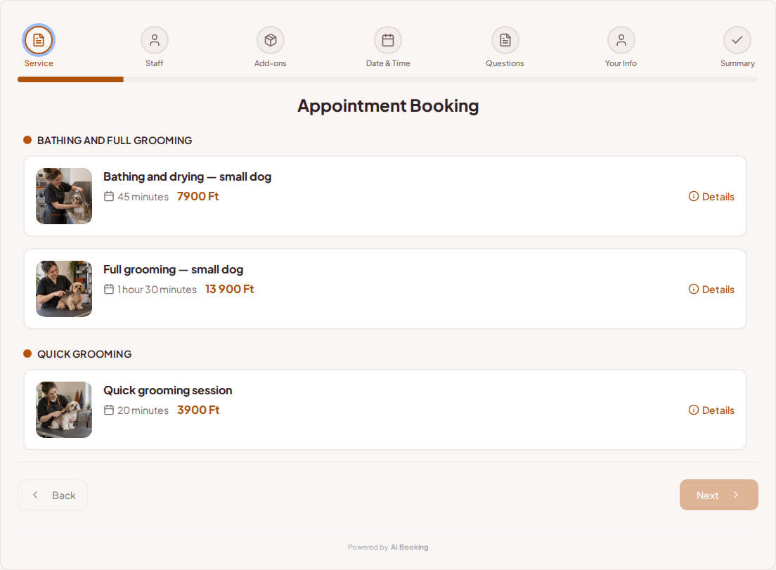 Appointment booking system for dog groomers – Bathing and drying — small dog, Full grooming — small dog, Quick grooming session with prices, durations, and categories