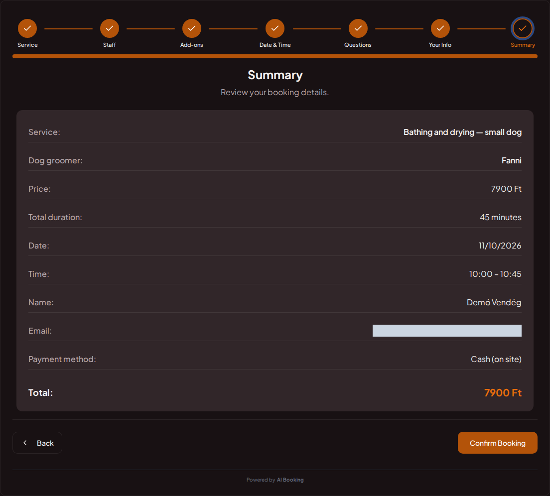 Appointment booking system for dog groomers – Dog grooming booking summary with service, professional, time, and fee