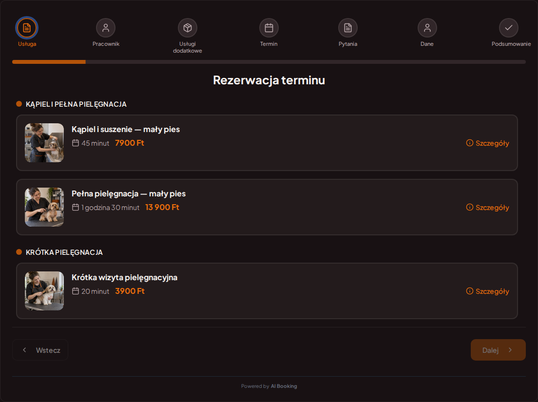 System rezerwacji dla groomerów – Kąpiel i suszenie — mały pies, Pełna pielęgnacja — mały pies, Krótka wizyta pielęgnacyjna z cenami, czasem trwania i kategoriami System rezerwacji dla groomerów – Kąpiel i suszenie — mały pies, Pełna pielęgnacja — mały pies, Krótka wizyta pielęgnacyjna z cenami, czasem trwania i kategoriami