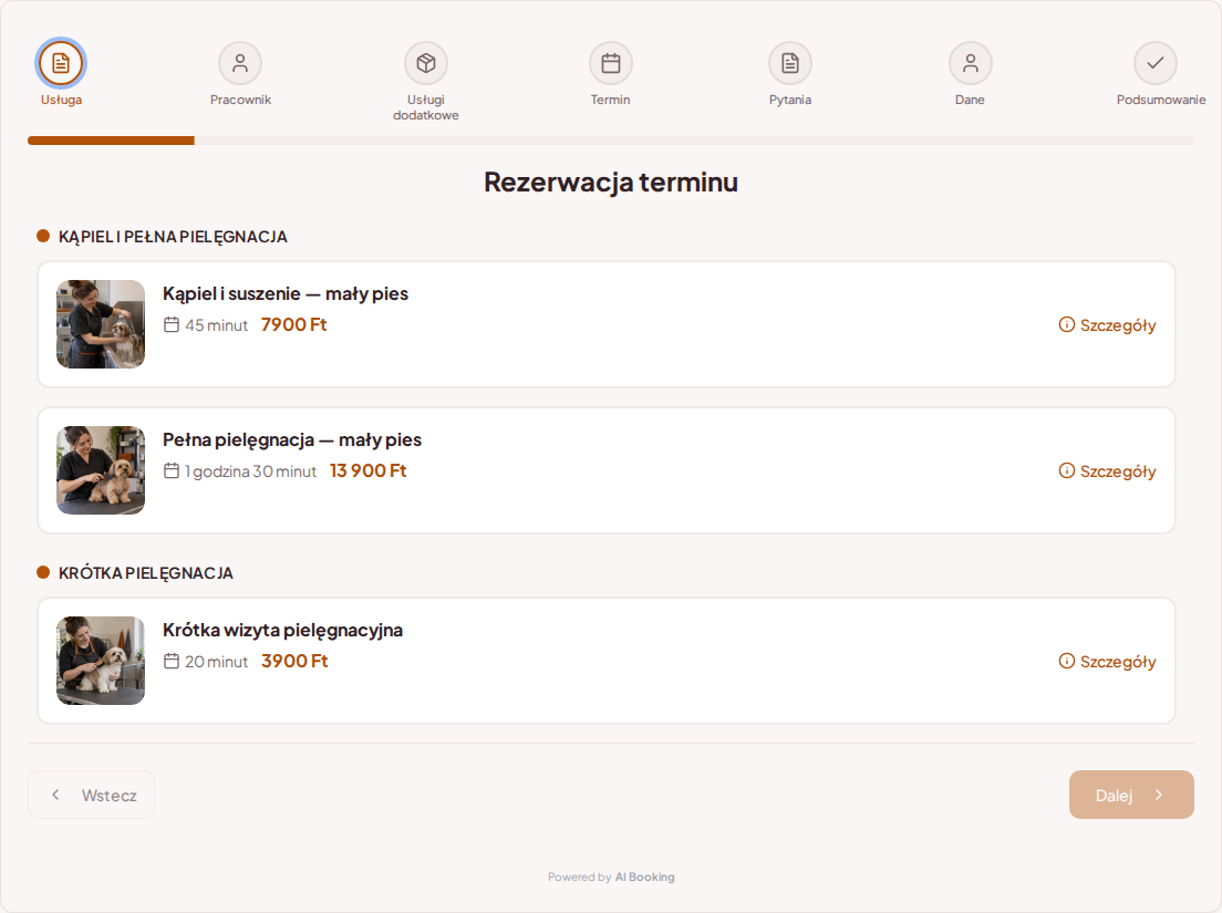 System rezerwacji dla groomerów – Kąpiel i suszenie — mały pies, Pełna pielęgnacja — mały pies, Krótka wizyta pielęgnacyjna z cenami, czasem trwania i kategoriami System rezerwacji dla groomerów – Kąpiel i suszenie — mały pies, Pełna pielęgnacja — mały pies, Krótka wizyta pielęgnacyjna z cenami, czasem trwania i kategoriami