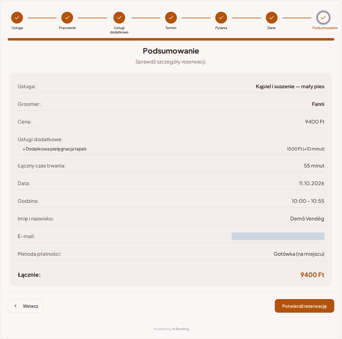 System rezerwacji dla groomerów – Podsumowanie rezerwacji groomingu z usługą, specjalistą, terminem i ceną System rezerwacji dla groomerów – Podsumowanie rezerwacji groomingu z usługą, specjalistą, terminem i ceną