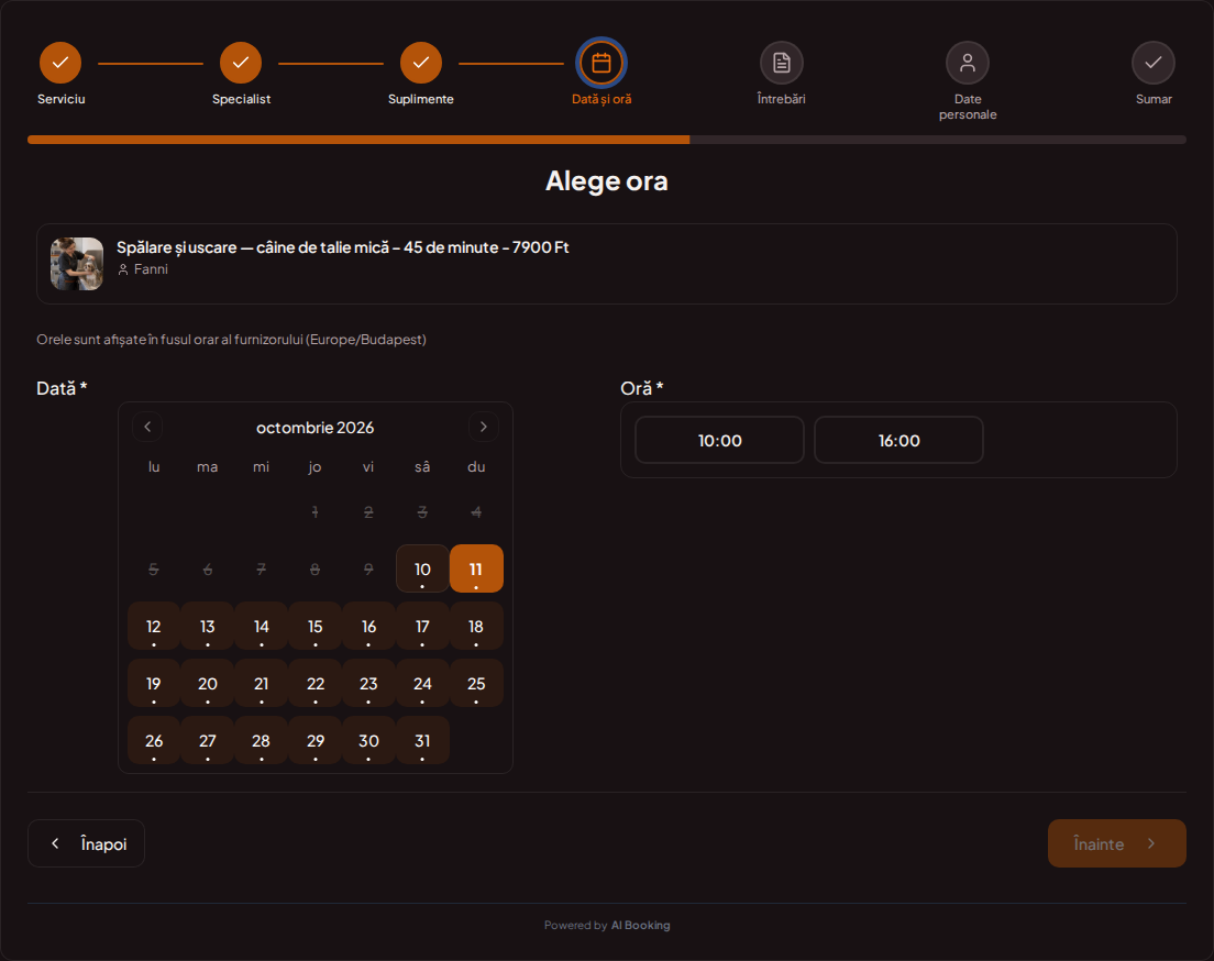 Sistem de programări pentru groomeri – Calendar de programări pentru grooming canin cu intervale libere pentru serviciul ales Sistem de programări pentru groomeri – Calendar de programări pentru grooming canin cu intervale libere pentru serviciul ales