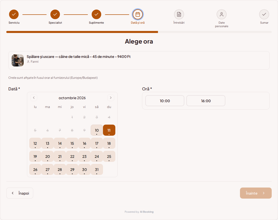 Sistem de programări pentru groomeri – Calendar de programări pentru grooming canin cu intervale libere pentru serviciul ales Sistem de programări pentru groomeri – Calendar de programări pentru grooming canin cu intervale libere pentru serviciul ales